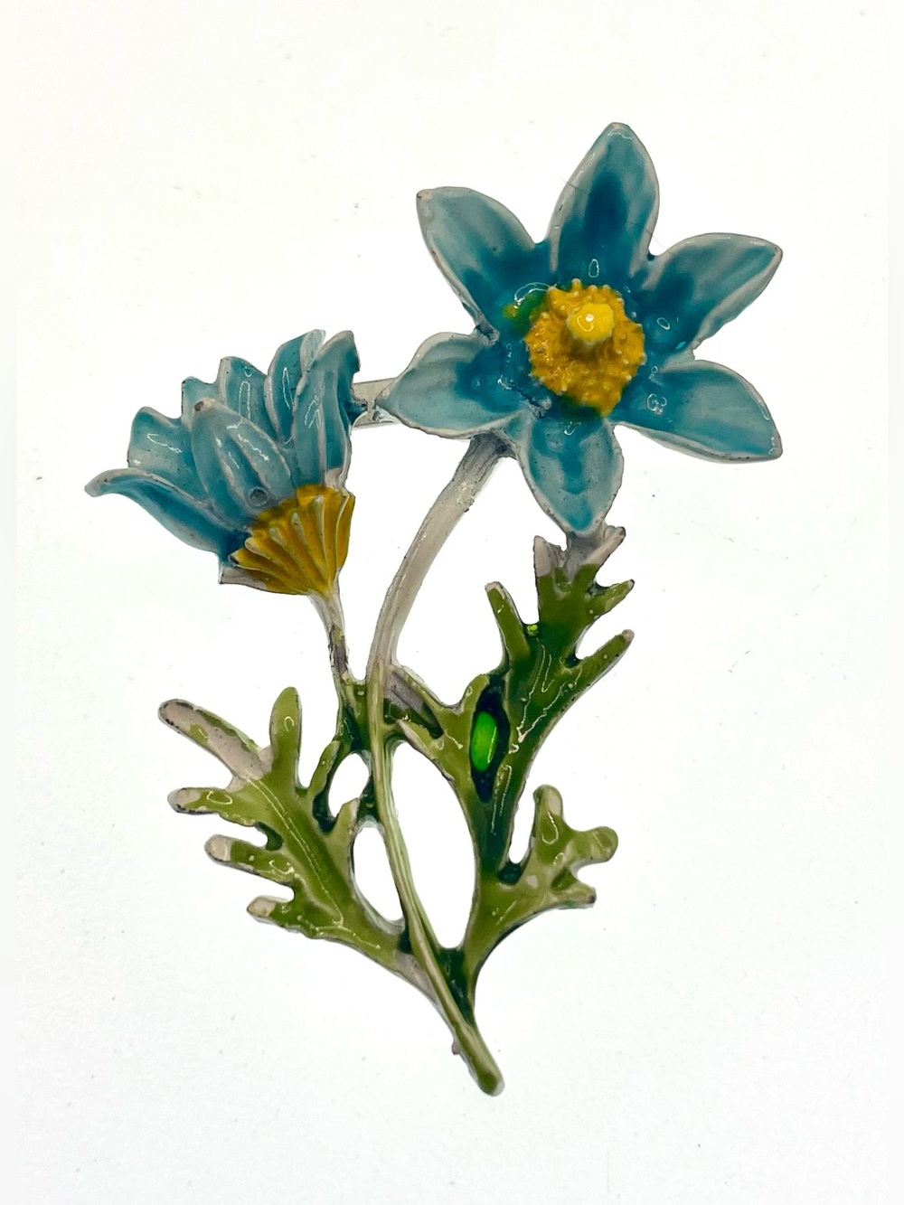 Vintage 1970s Enamel Blue Floral Brooch Hand Painted Botanical Green 2”
